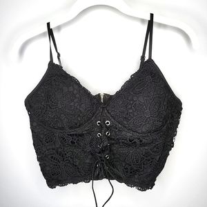 Women's Eyelet Lace Up Sleeveless Spaghetti Strap Zip Back Crop Camisole Cami